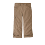 Patagonia childrens eco-friendly khaki trousers with the legs rolled up on a white background