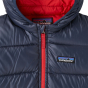 Close up of the zip on a Patagonia eco-friendly thermal waterproof hi-loft baby hoody on a white background