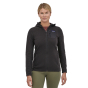 Woman stood wearing the Patagonia recycled polyester black full zip air hoody on a white background