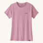 Patagonia Women's Capilene Cool Daily Graphic Shirt - Boardshort Logo / Milkweed Mauve X-Dye, showing black Patagonia writing on the front of the t-shirt