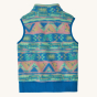 Patagonia Little Kids Synchilla Fleece Vest - High Hopes Geo / Salamander Green. A beautiful, soft fleece vest with a light pink, blue, green and yellow patterned print, and a blue waste band. The image shows the back of the fleece