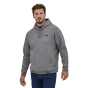 Man stood on a white background wearing the Patagonia P-6 label hoody in the gravel heather colour