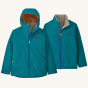 Patagonia Kids 4-in-1 Everyday Jacket - Belay Blue on a plain background. Front view of the jacket with the two hood options.