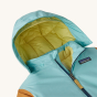 Patagonia Little Kids Snow Pile Waterproof Insulated One-Piece Hood. This image shows the hood In a light blue outer shell and light green colour lining, with popper details to show the removable hood (not advertised). The image in on a cream background