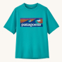 Patagonia Kids Capilene Silkweight T-Shirt - Boardshort Logo / Subtidal Blue. A blue t-shirt with a Patagonia wave logo of the front of the t-shirt