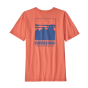 Back of the Patagonia kids regenerative organic cotton graphic t-shirt in coho coral on a white background