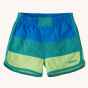 Patagonia Little Kids Boardshorts - Vessel Blue. The shorts have blue, dark green, and light green large stripes, and a dark green Patagonia text logo on the bottom of the short leg
