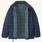 Patagonia Kids Down Sweater - New Navy on a plain background. This is the front of the jacket with the zip open.