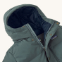 Hood and zip detail on the Patagonia Kids Downdrift Parka - Nouveau Green.