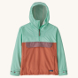 Patagonia kids isthmus anorak rain coat in the early teal colour on a beige background