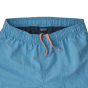 Close up of the orange drawstring on the Patagonia kids lago blue swimming shorts, on a white background