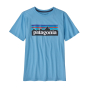 Patagonia kids regenerative organic cotton p-6 logo tshirt in the lago blue colour on a white background