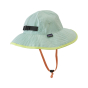 Back of the Patagonia childrens eco-friendly trim brim sun hat in the lite distilled green colour on a white background