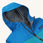 The hood of the Patagonia Kid's Torrentshell 3 Layer Waterproof Rain Jacket - Vessel Blue, showing the inside and outside of the hood, along with the zip, zipper, and Patagonia logo on the chest