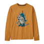 Patagonia Kids long sleeved regenerative t-shirt in a mango orange colour, with an armadillo figure on the front.