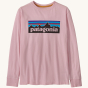 Patagonia Kids Long Sleeve Regenerative Organic Cotton P-6 Logo T-shirt - Peaceful Pink on a plain background.