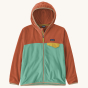 Patagonia kids micro d snap t jacket in the early teal colour on a beige background
