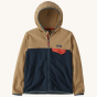 Patagonia Kids Micro-D Hooded Fleece Jacket - New Navy / Grayling Brown on a plain background.