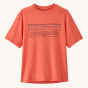 Patagonia Kids Capilene Silkweight T-Shirt - P-6 Outline / Coho Coral. A light coral t-shirt with a black "Patagonia" silhouette mountain range and text