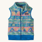 Patagonia Little Kids Synchilla Fleece Vest - High Hopes Geo / Salamander Green. A beautiful, soft fleece vest with a light pink, blue, green and yellow patterned print, and a blue zipper. The image shows the front of the fleece vest