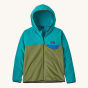 Patagonia Kids Micro-D Hooded Fleece Jacket - Buckhorn Green. A soft, warm hooded fleece in light blue and forest green, with a royal blue pocket flap and black zip and zipper