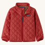 Patagonia Little Kids' Nano Puff Jacket - Touring Red. A light red puff jacket with mustard yellow lining, and the Patagonia logo on the chest