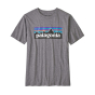 Childrens Patagonia organic regenerative cotton p-6 logo tshirt in the gravel heather colour on a white background