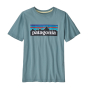Patagonia kids regenerative organic cotton t-shirt in the upwell blue colour on a white background