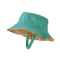 Reverse side of the Patagonia eco-friendly bucket sun hat in a teal blue colour on a white background