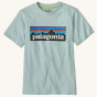 Patagonia Kids P-6 Logo Regenerative Organic T-Shirt - Wispy Green. A light mint green t-shirt with the mountain range Patagonia Logo on the front of the t-shirt, on a cream background