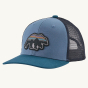 Patagonia Kids Trucker Hat Baseball Cap - Back for Good Bear / Pigeon Blue on a plain background.
