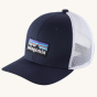 Patagonia Kids Trucker Hat Baseball Cap - P6 Logo: Navy Blue on a plain background. Front three-quarter top angle.