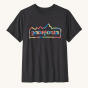 Patagonia Kids Graphic T-Shirt - Unity Fitz / Ink Black. A black t-shirt with the Patagonia Unity logo in the colours yellow, green, blue, red and orange