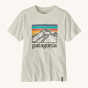 Patagonia Kids Graphic T-Shirt - Line Logo Ridge / Birch White. A light cream coloured t-shirt with the Patagonia mountain range logo, and a rainbow coloured sky