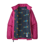 Patagonia Kids' open Nano Puff Jacket in Mythic Pink with a navy lining with 'home' printed inside, and a hidden pocket zip compartment on the side on a white background