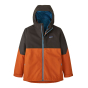Waterproof side of the Patagonia kids 4 in 1 everyday ready jacket in the orange colour on a white background