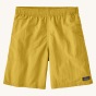 Patagonia kids surfboard yellow baggies swimming shorts on a beige background