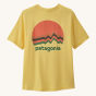 Patagonia Kids Capilene Silkweight T-Shirt - Ridge Rise Moonlight / Milled Yellow with small dark green "Patagonia" text and a striped orange sun and mountain range on the back of the t-shirt