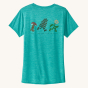 Patagonia Women's Capilene Cool Daily Graphic Shirt - Trail Trotters / Subtidal Blue X-Dye, showing a patagonia running logo of a flower, mushroom and tree on the back of the t-shirt, on a cream background