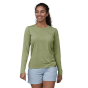 Front view of woman wearing the Patagonia Women's Long Sleeved Capilene Cool Daily Graphic Shirt - Salvia Green X-Dye