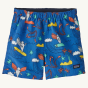 Patagonia little kids baggies shorts in the happy jam bayou blue colour on a beige background