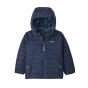 Outside of the Patagonia little kids reversible down sweater hoody in the tidepool blue colour on a white background