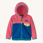 Patagonia Little Kids Micro D Fleece Jacket in Endless Blue, with a dark blue lower body, aqua binding and zip, pink yoke, sleeves and hood and pale yellow pocket flap and zipper pull.
