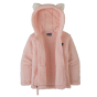 Patagonia Little Kids Furry Friends Hoody in Seafan Pink with zip fully open on a plain white background 