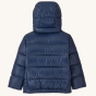 Back of the Patagonia little kids hi-loft-down sweater hoody on a plain background.