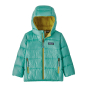 Patagonia little kids hi-loft-down sweater hoody in the fresh teal colour on a white background