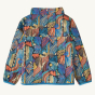 Back of the Patagonia little kids baggies rain coat in the multicoloured pitch blue pattern on a beige background