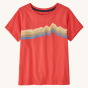 Patagonia little kids red organic cotton striped t-shirt on a beige background
