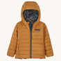 Patagonia Little Kids Reversible Down Insulated Sweater Hoody Jacket - Fitz Roy Patchwork / Ink Black. Option two of two is shown.