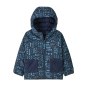 Inside of the Patagonia little kids reversible down sweater hoody in the wandering woods print on a white background